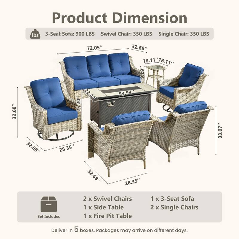 HOOOWOOO 7-piece Wicker Rattan Outdoor High Back Conversation Set with 54" Fire Pit