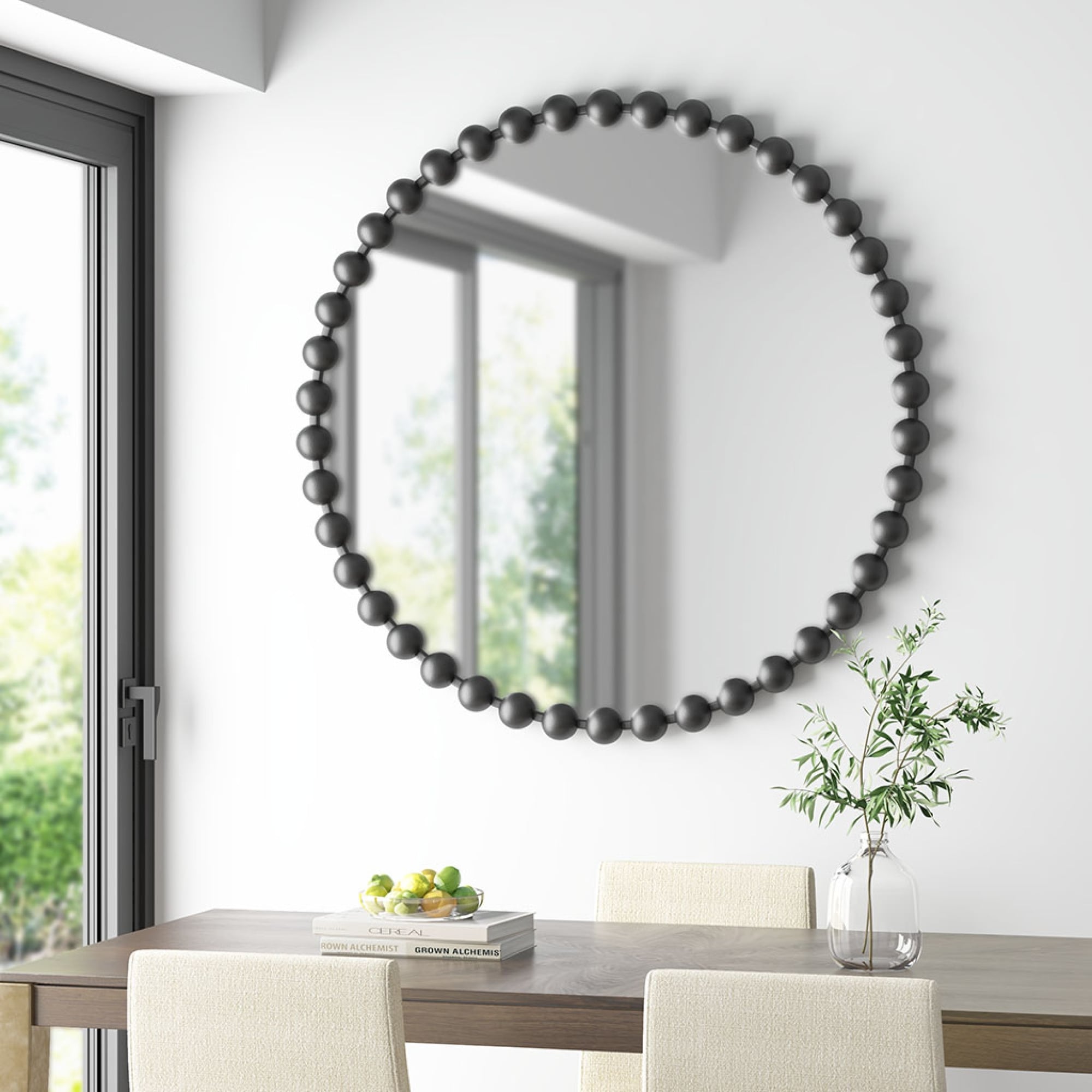 Roomfitters 36-Inch Beaded Round Wall Mirror, Iron Frame Decorative Glam Accent Mirror for Living Room