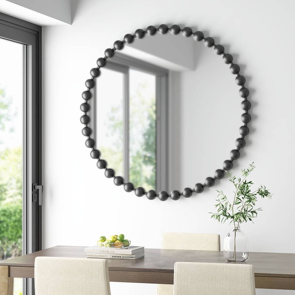 Roomfitters 36-Inch Beaded Round Wall Mirror, Iron Frame Decorative Glam Accent Mirror for Living Room