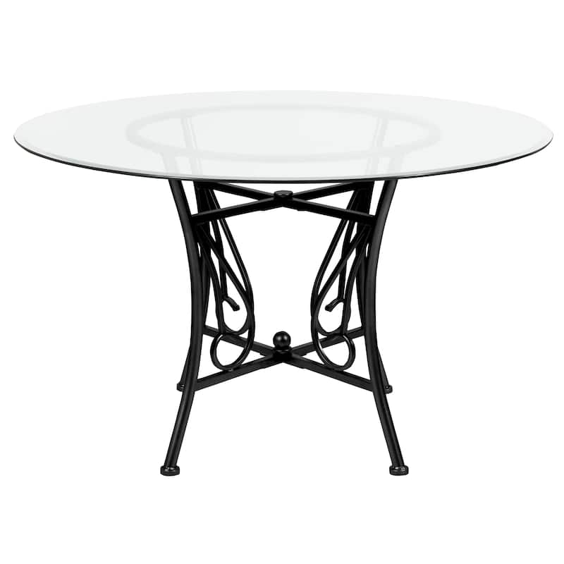 48'' Round Glass Dining Table with Curl Accent Matte Metal Frame - 48"W x 48"D x 29"H - 48"W x 48"D x 29"H