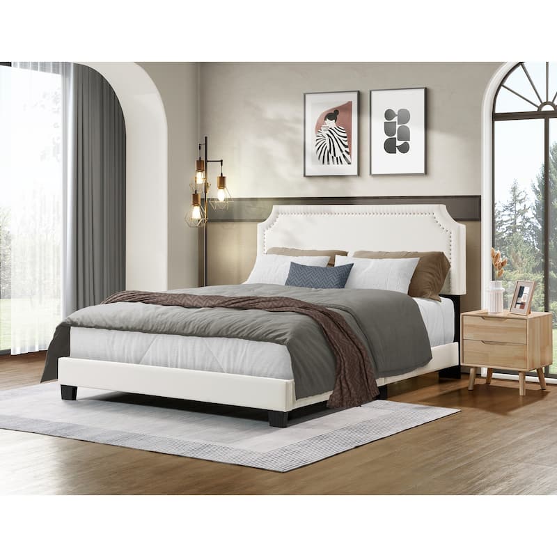 Linen Upholstered Platform Bed with Nailhead Trim Headboard, Slatted Base Design Bed Frame