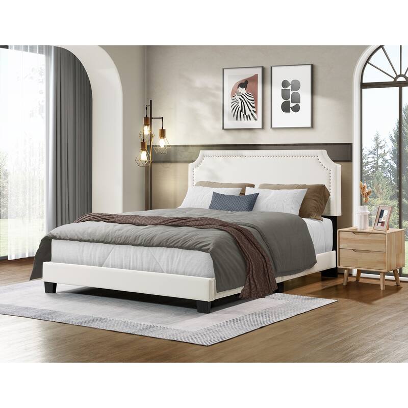 Upholstered Platform Bed Frame with Nailhead Trim/Adjustable Headboard/Solid Wooden Slats Support/No Box Spring Needed - Beige
