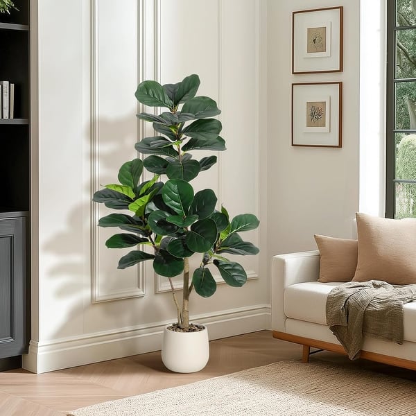 slide 2 of 44, Artificial Fiddle Leaf Fig Tree with 48 Leaves in White Planter Pot, Faux Ficus Lyrata Plant for Home or Office Decor 4FT With White Planter