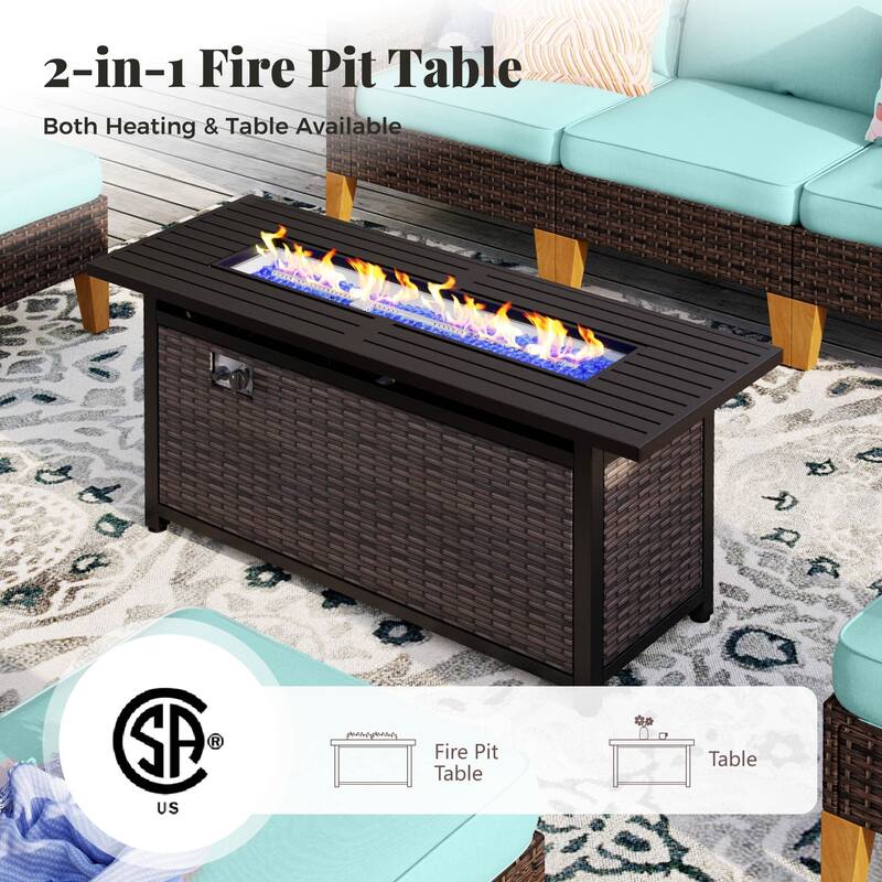 8-Piece Patio Outdoor Wicker Sectional Sofa Set, Large Seating Furniture Conversation Sets with Fire Pit Table