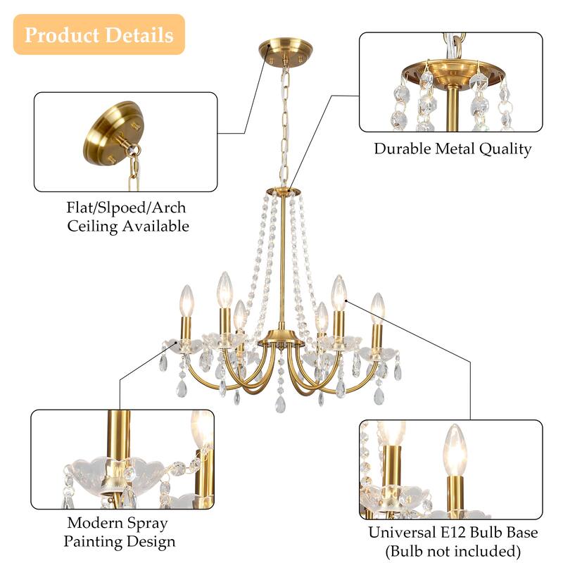 6-Light Classic Chandelier with Crystal Accents for Kitchen Study