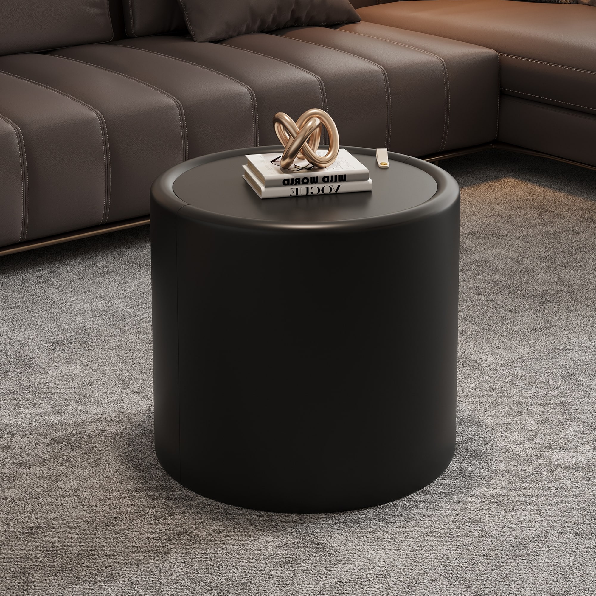 Round Coffee Table with Tempered Glass Top, PU Leather Body & Hidden Storage for Living Room, Modern Accent Table