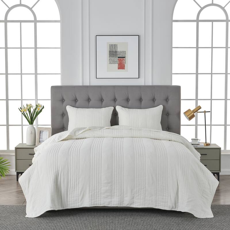 Stonewash Classic Cotton Quilt & Coverlet Set - White - Full - Queen - 3 Piece