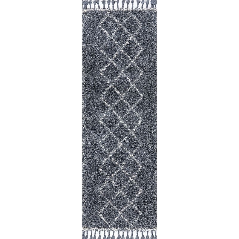 JONATHAN Y Modern Shag Plush Tassel Moroccan Tribal Geometric Trellis Area Rug - 2 X 8 - Denim Blue/Cream