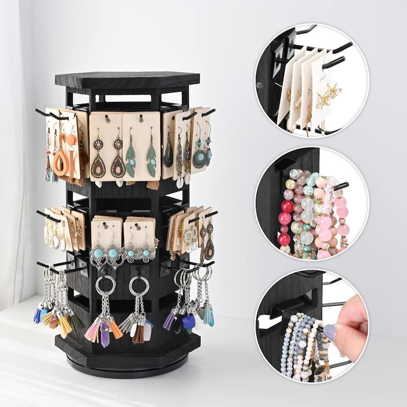 Natural Wood Hexagon 6 sided Rotating Jewelry Display Stand Tower,60 Removable Metal Hooks