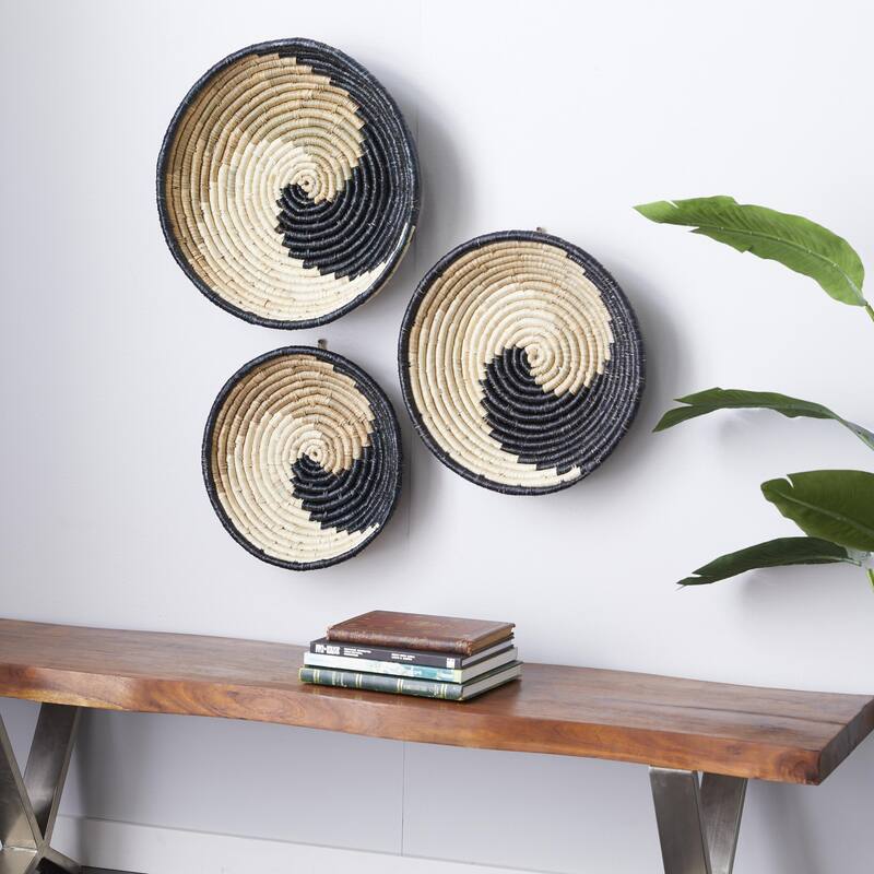 Seagrass Plate Handmade Spiral Basket Home Wall Decor - Set of 3 Black - Roche River Decor