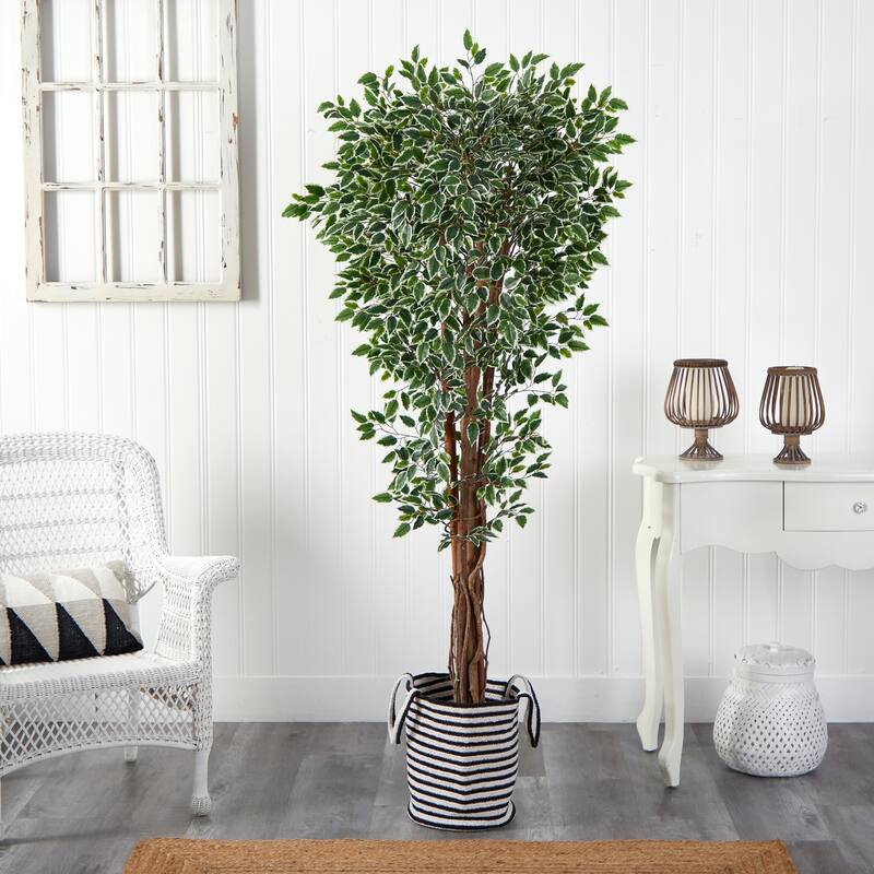 70in Variegated Ficus Artificial Tree in Handmade Black and White Jute Planter with UV Resistant Green Foliage Decor