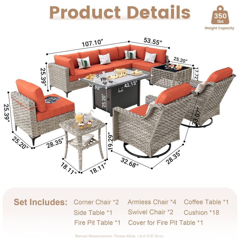 XIZZI 11-piece Patio Rattan Wicker Furniture Set with Fire Pit Table
