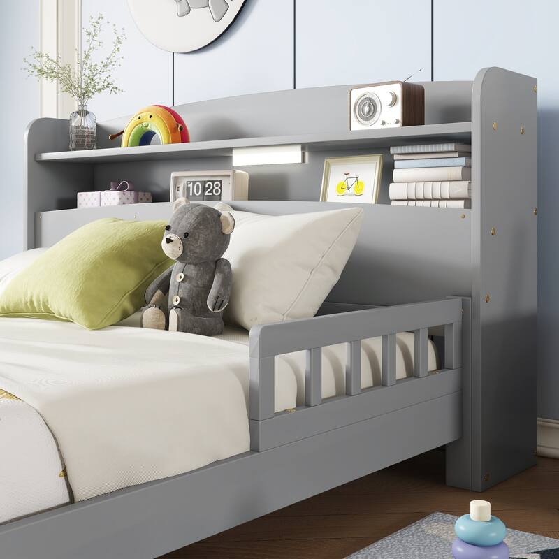 Full Pine Wood Bed with Bookcase Headboard, LED Motion Sensor Light, Bed Guardrails, Grey