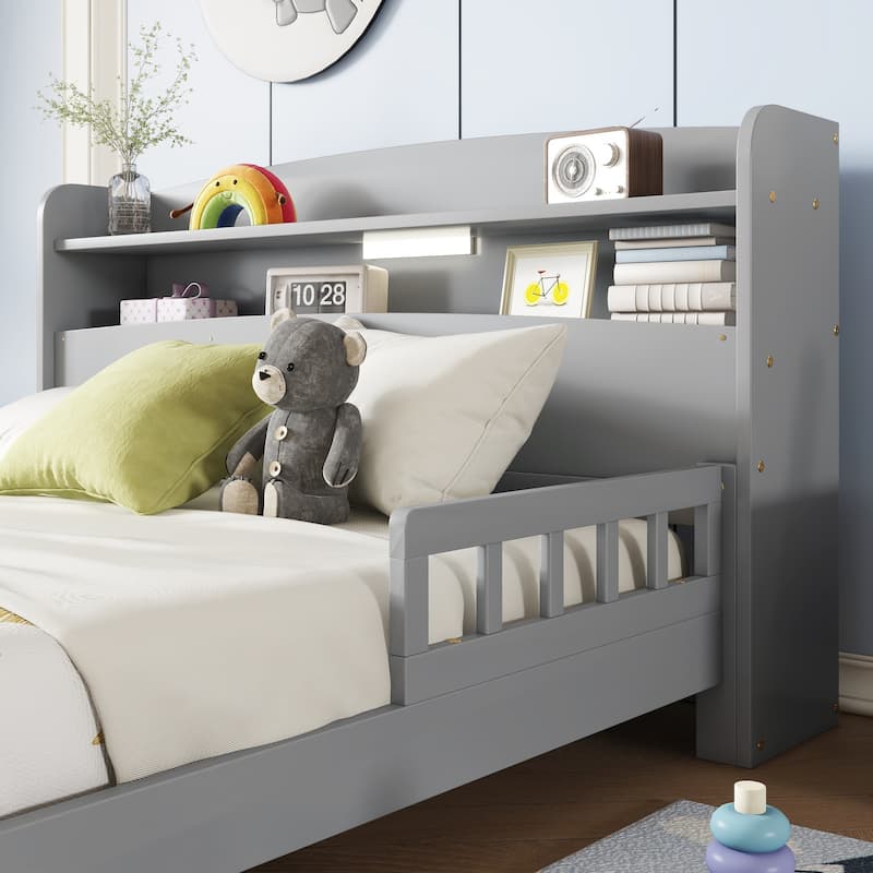 Full Pine Wood Bed with Bookcase Headboard