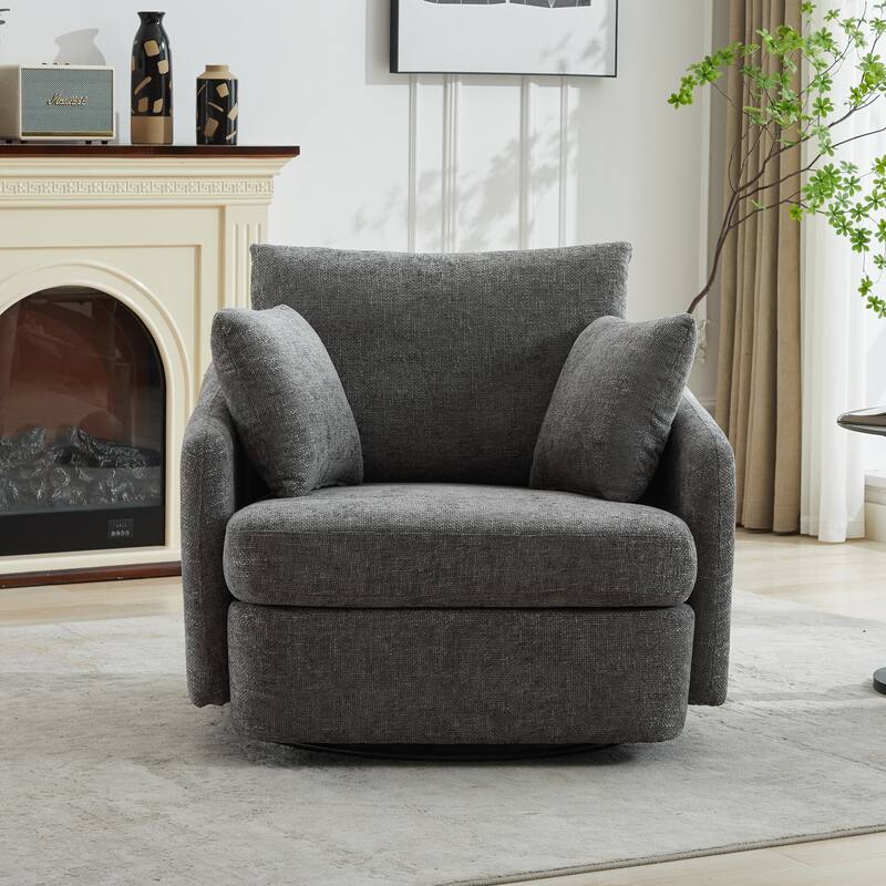 Corduroy Fabric Swivel Accent Chair, Oversized Round Armchair with 2 Thorw Pillows, Ergonomic Upholstered Lounge Sofa Chair - Ivory