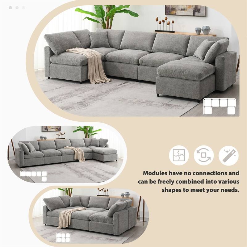 Modern Modular U-Shaped Sectional Sofa, Convertible Cloud Sleeper Sofa Bed, 6 Seat Chenille Sectional Couch Set with Ottoman