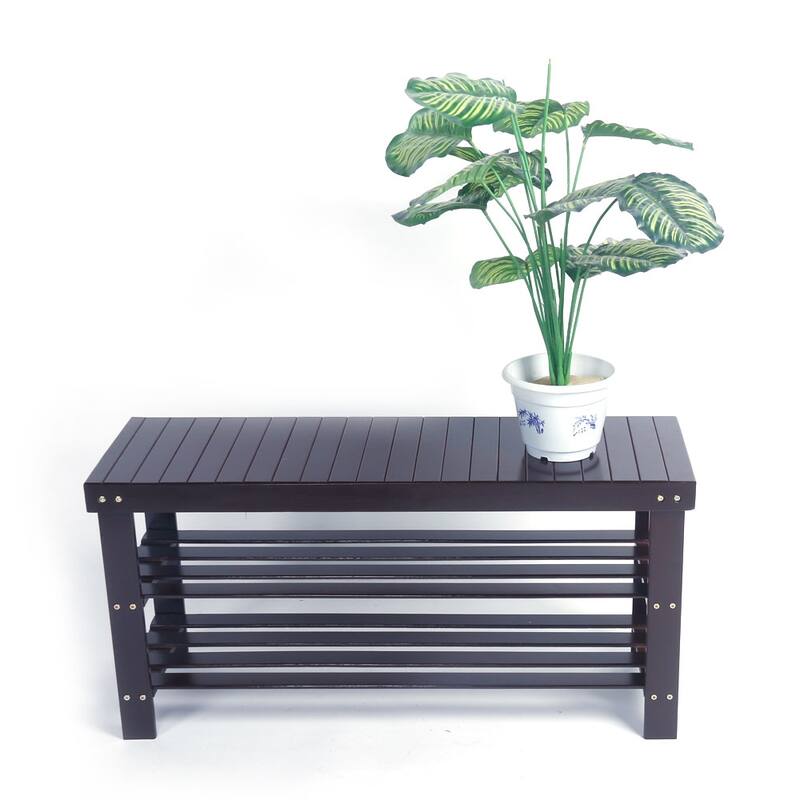 Slatted Bamboo 3-tier Stool Shoe Rack Wood Color