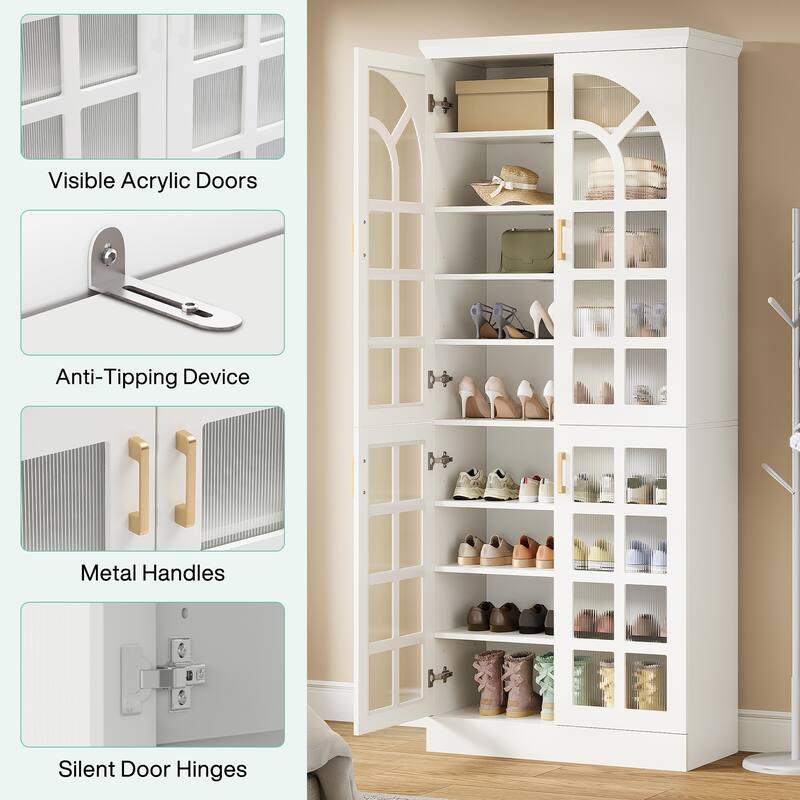 9-Tier Tall Shoe Storage Cabinet with Doors, Led Lights and Adjustable Shelves for Entryway, White