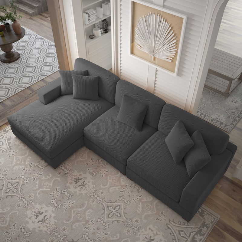 118" W Corduroy L-shape Modular Sectional Sofa with Pillows