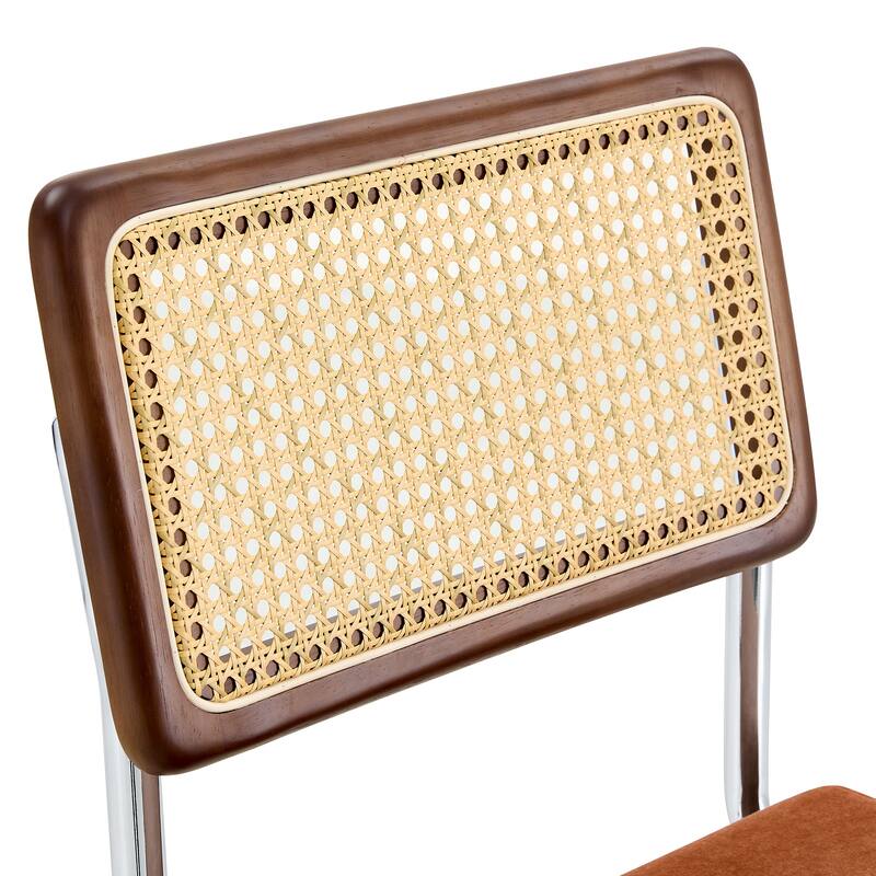 Natural Rattan & Solid Wood Bar Stool Set of 4 - 25" Medieval Modern Style with PU Seat & Chrome Legs