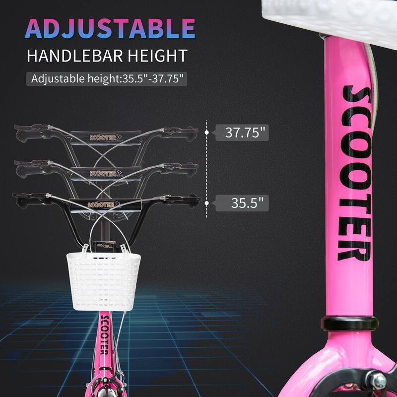 Adjustable Kick Scooter with Inflatable Tires, Dual Brakes, Basket, and Kickstand - Perfect for Kids and Teens
