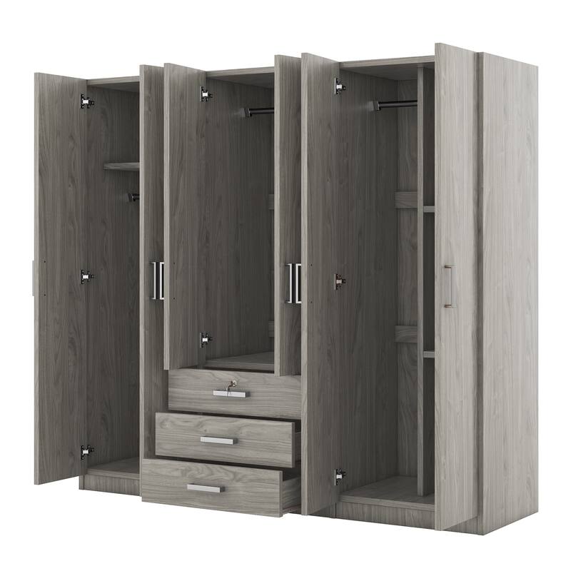 6-Doors Wardrobe Armoire with 3 Drawer, Shelves and Hanging Rail, Gray