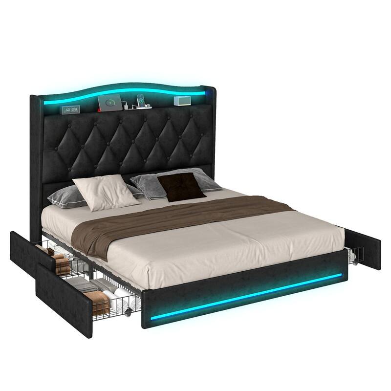 Moasis Queen Size Velvet Upholstered Bed Frame with 4 Storage Drawers & RGB Lights