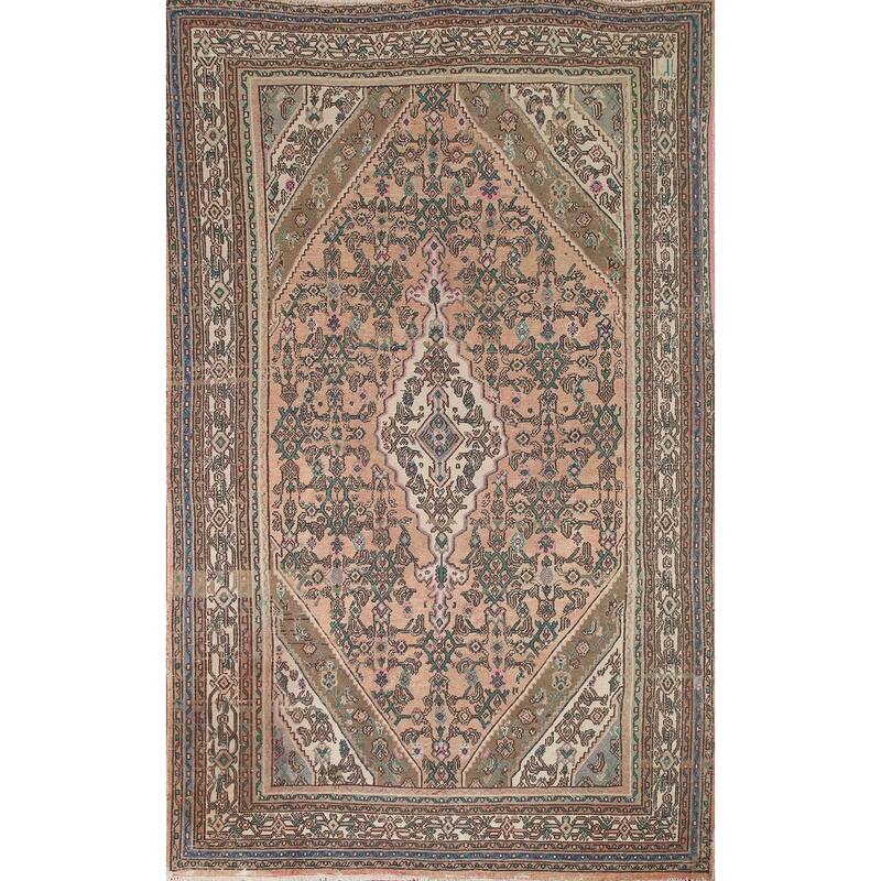 Pink Geometric Hamedan Persian Vintage Rug Hand-knotted Wool Carpet - 6'10" x 9'11"