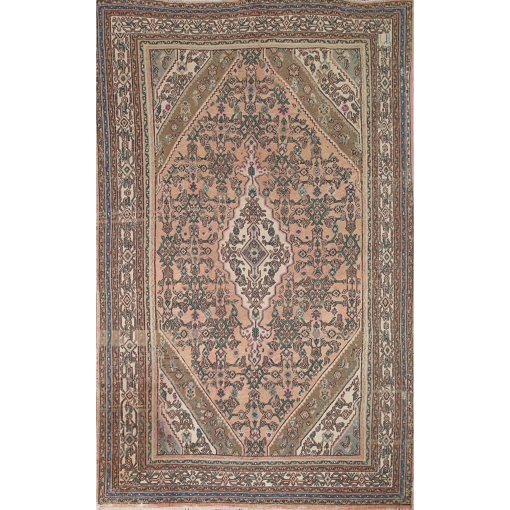 Pink Geometric Hamedan Persian Vintage Rug Hand-knotted Wool Carpet - 6'10" x 9'11"