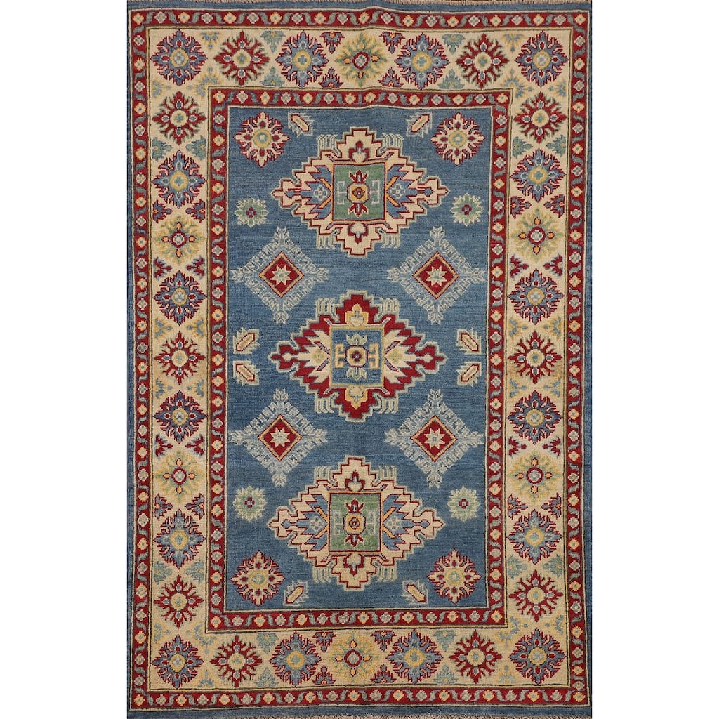 Geometric Kazak Area Rug Hand-Knotted Oriental Blue Wool Carpet - 3'7" x 5'9"