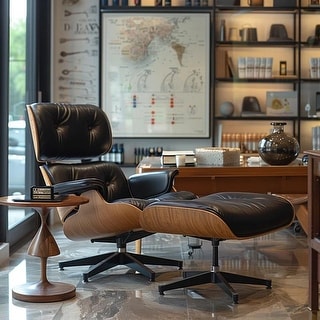 Genuine Leather Accent Lounge Chair and Ottoman Walnut Wood