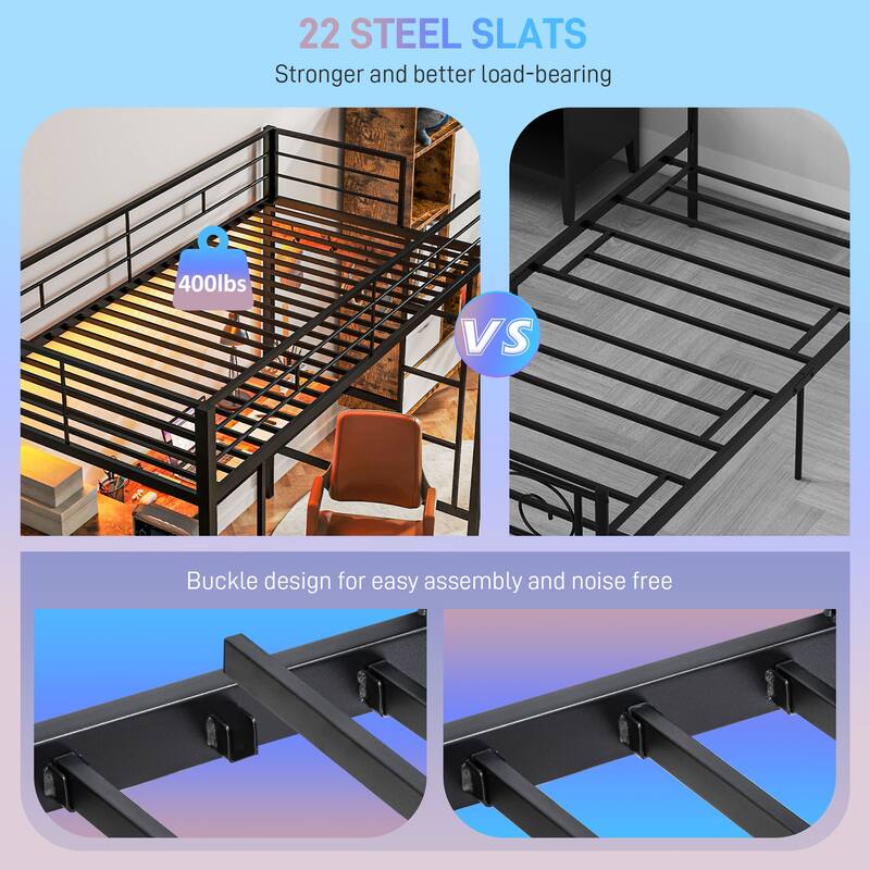 Twin Loft Bed with L Shaped Desk and RGB LED Lights, Steel Frame Bed with Guardrails USB AC Outlets