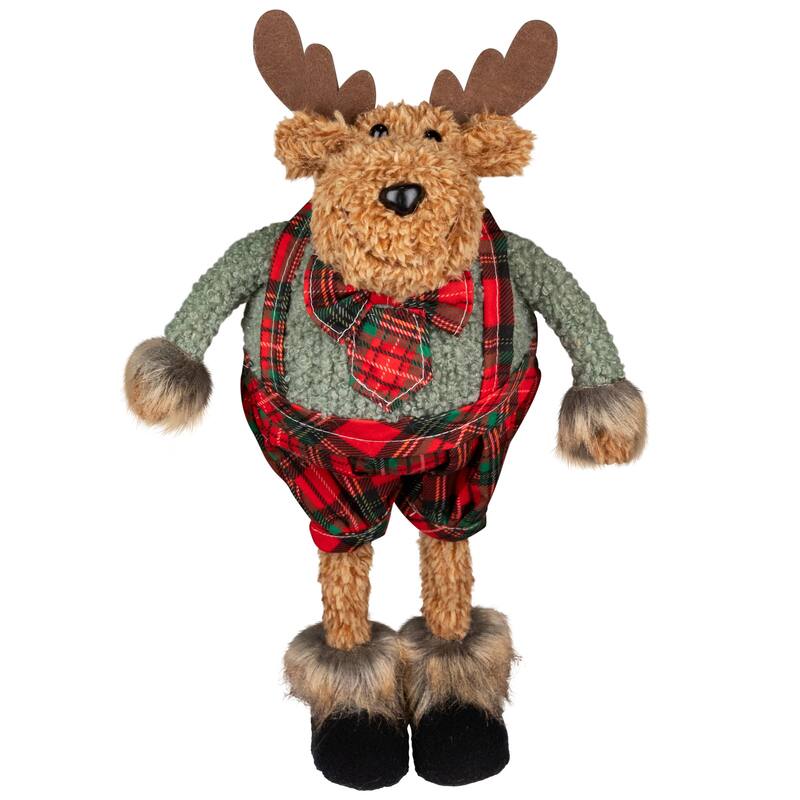 Standing Moose in Plaid Overall Shorts Christmas Figure - 12.5" - Brown and Red