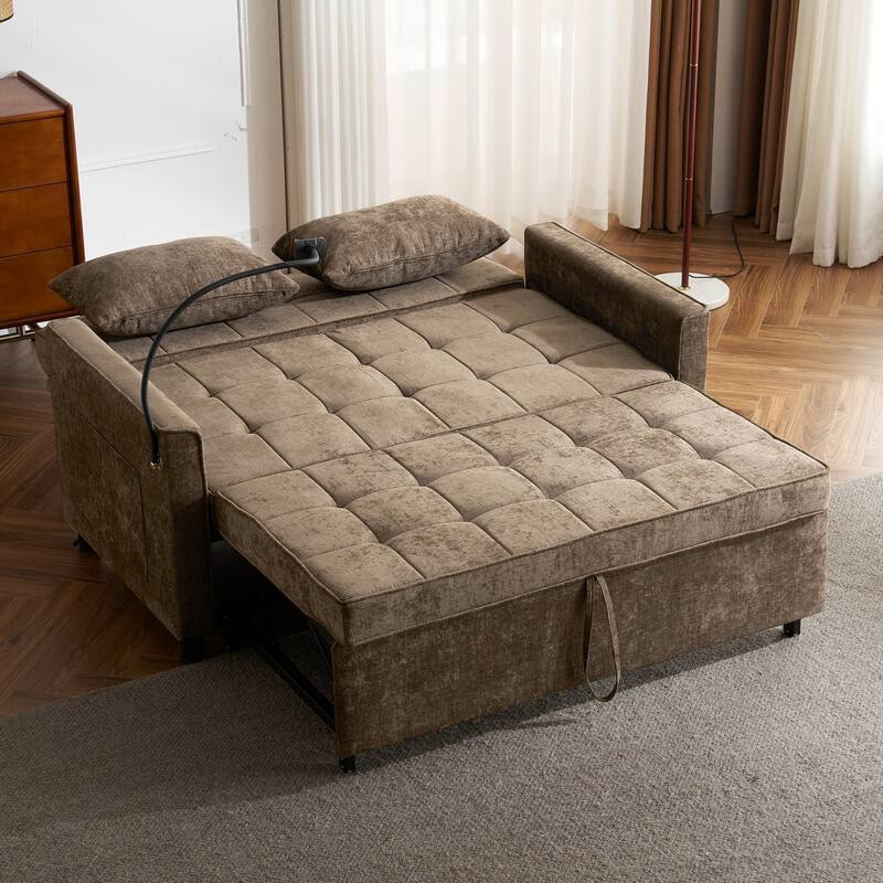 Roomfitters Loveseat Pull-Out Sofa Bed with Reversible Backrest Cushion, Side Pockets, USB Ports, and Phone Holder