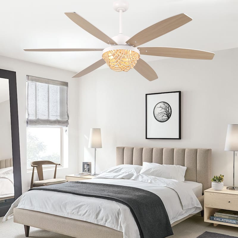 Bella Depot 65" Bohemia Large White Ceiling Fan with Light and Remote 6-Speed Modern Chandelier Fan Wood Bead Shade
