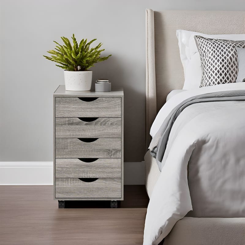 Portable Wooden 5-Drawer Cabinet with 360° Wheels, Easy Pullout Design, and Extra Top Storage