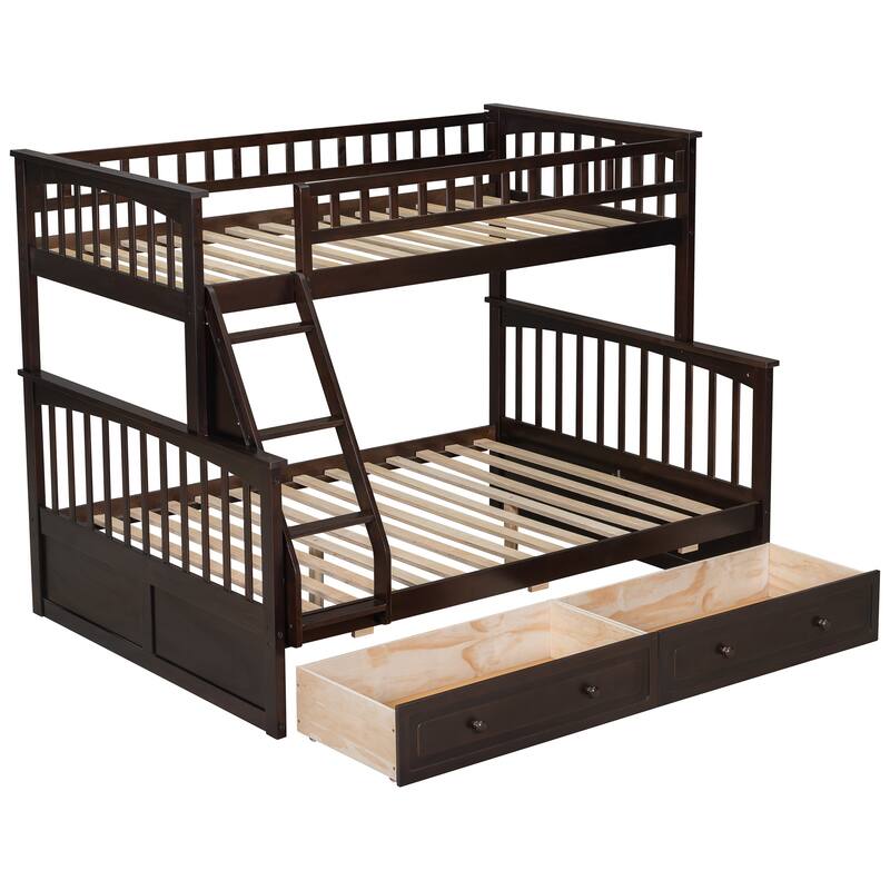 Wooden Storage Bunk Bed Frame with Fence-shaped Guardrails and Pull-out Drawers, Convertible 2 Platform Beds, Detachable Design