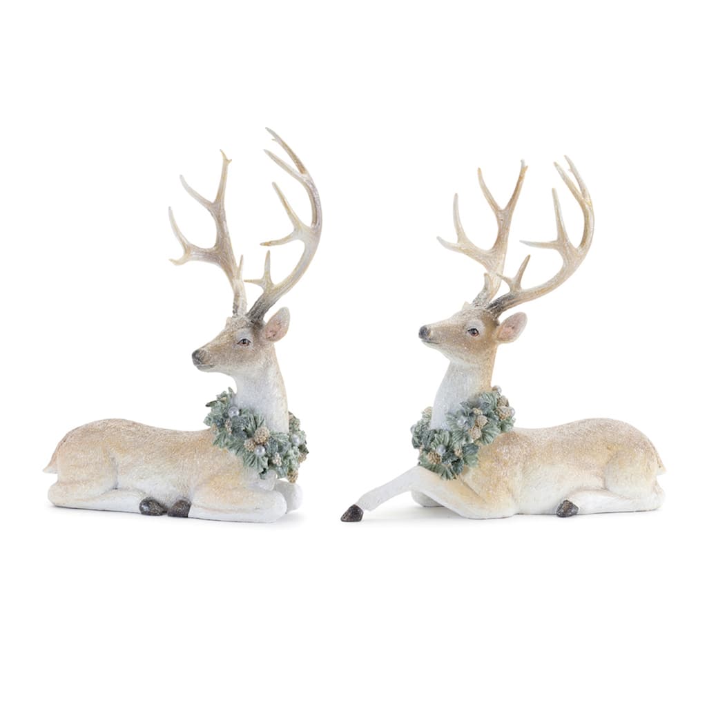Glittered Deer Christmas Figurines with Holly Wreath - 11" - Set of 2