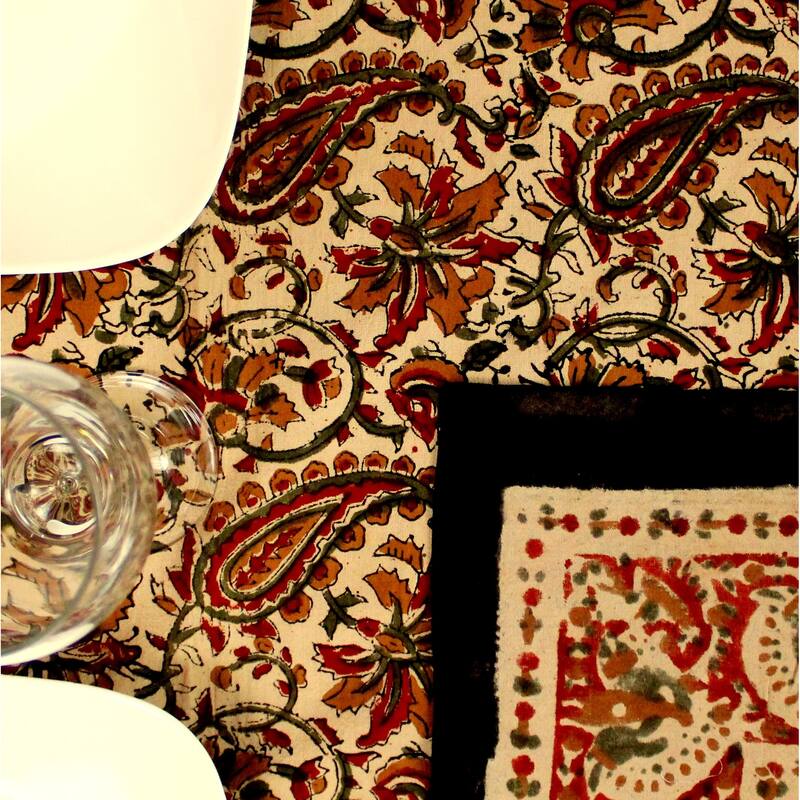 Cotton Hand Block Print Affluent Paisley Floral Tablecloth Collection