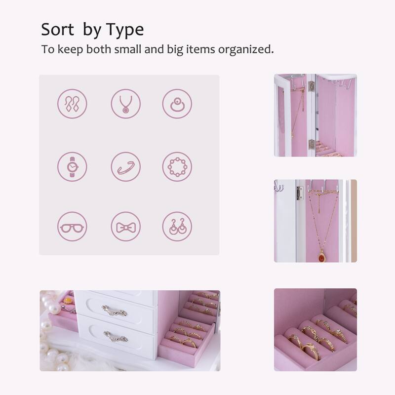 Classic vintage Jewelry Boxes for Women, 5 Layer Drawer Wood Jewelry Boxes and built-in Hooks and Attached Mirror
