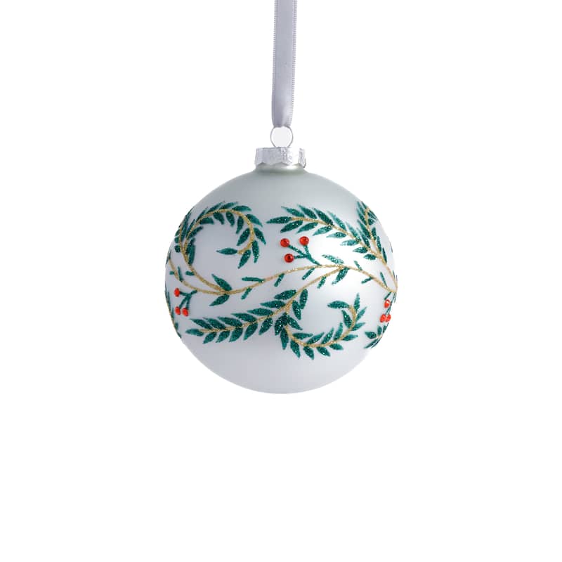 White Metallic Glass Ball Holiday Ornaments with Leaf Design, Set of 6, 4"