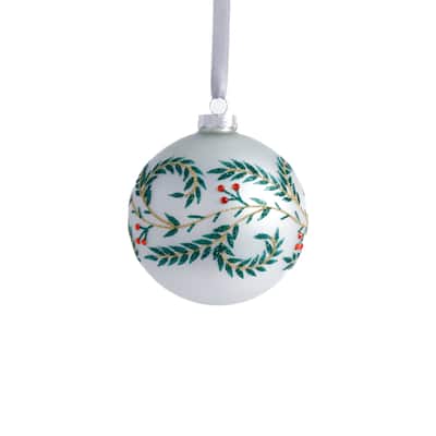 White Metallic Glass Ball Holiday Ornaments with Leaf Design, Set of 6, 4"