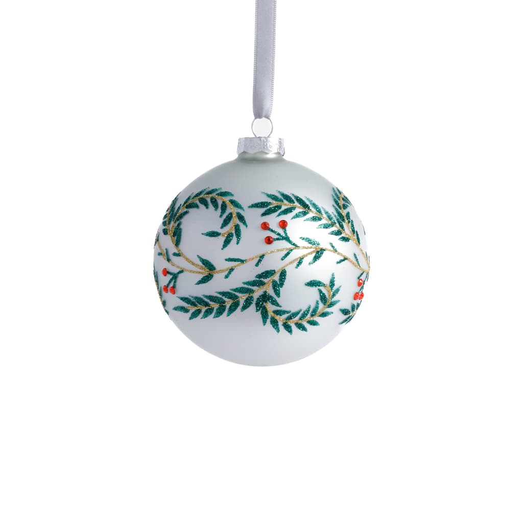 White Metallic Glass Ball Holiday Ornaments with Leaf Design, Set of 6, 4"
