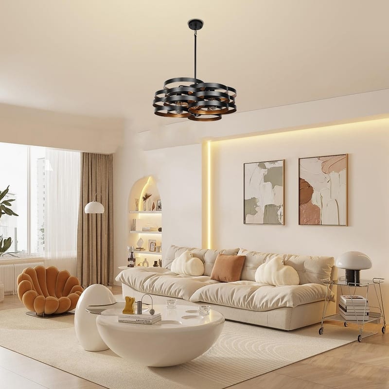 6 Light dining light fixtures black , gold bulb chandelier metal pendant light