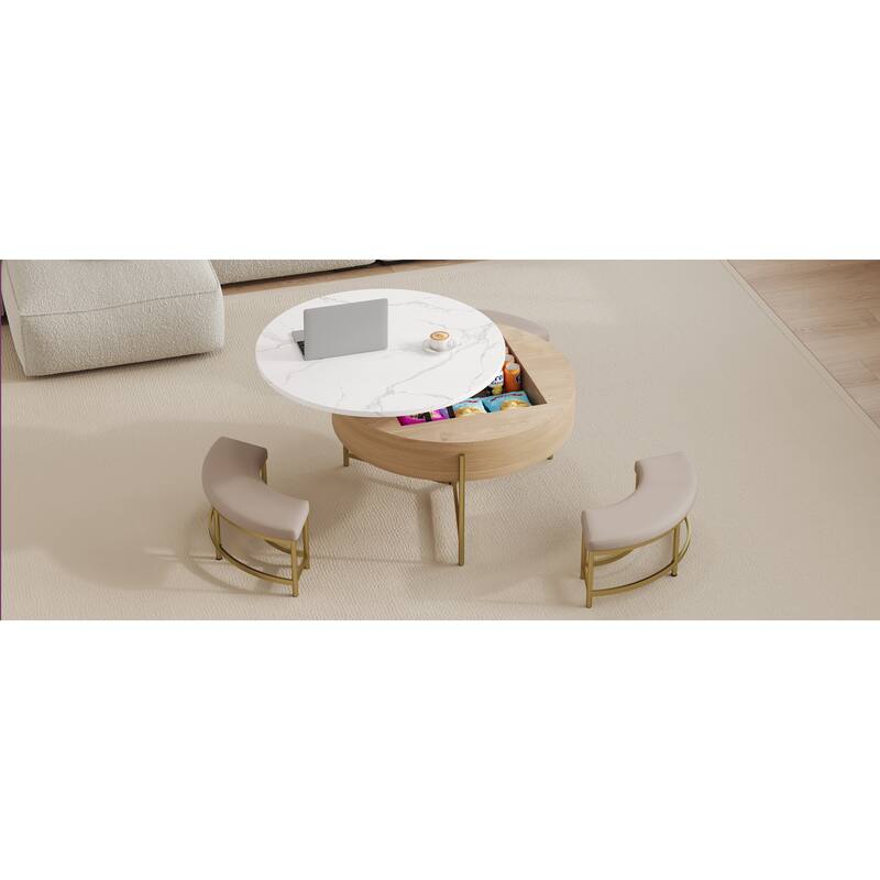 Round Lift-Top Coffee Table with Storage and 3 Ottoman