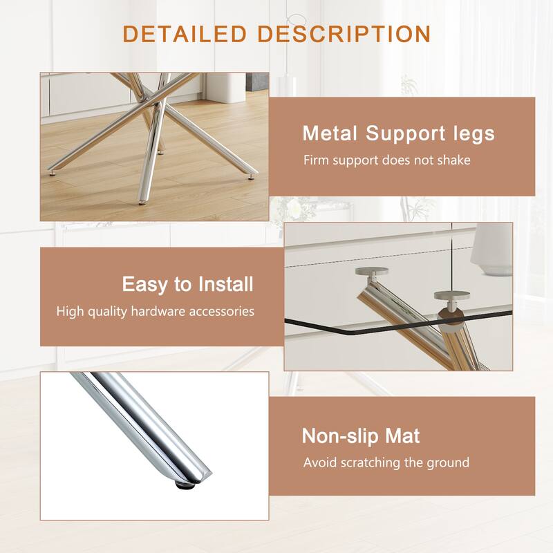 Roomfitters Glass Dining Table with 63 Inch Tempered Top and Silver Chrome Metal Legs for Home or Office, Silver