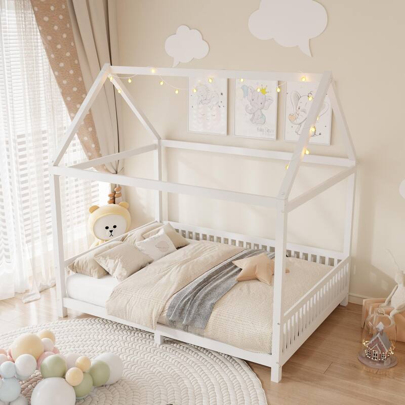 Twin/Full Size Wood House Bed with Guardrail, Cute Kids Platform Bed Frame with LED Lights
