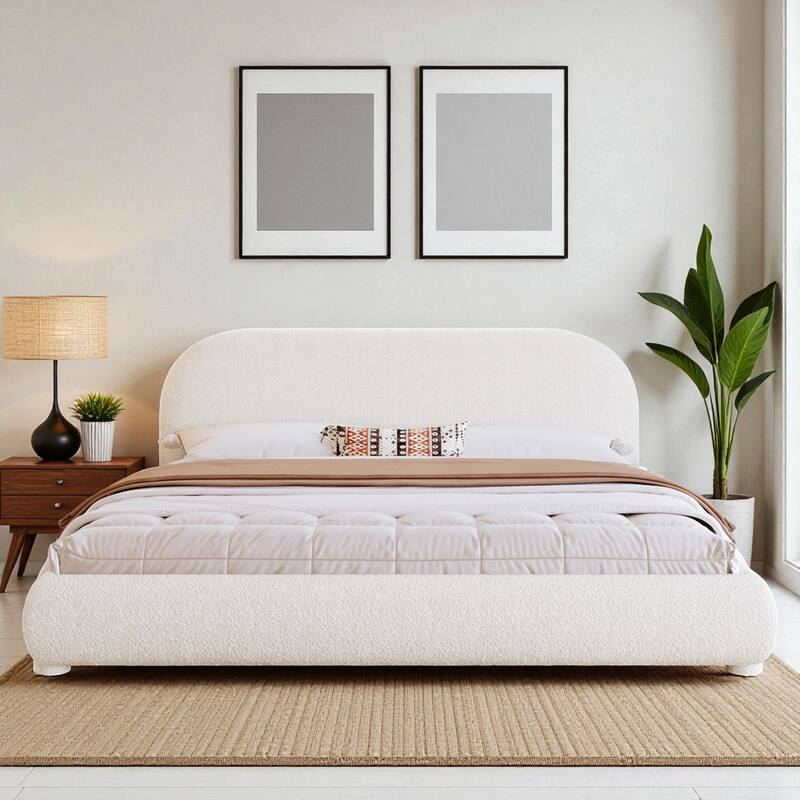 Modern Fabric Upholstered Bed with Curved Headboard, Strong Metal Frame, Queen/King Size Platform Bed - Green - King