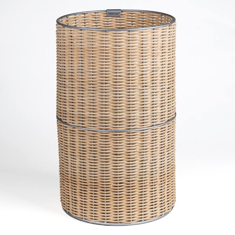 happimess Cecil Modern 4.13-Gallon Faux Wicker Cylinder Waste Basket - Natural/Silver