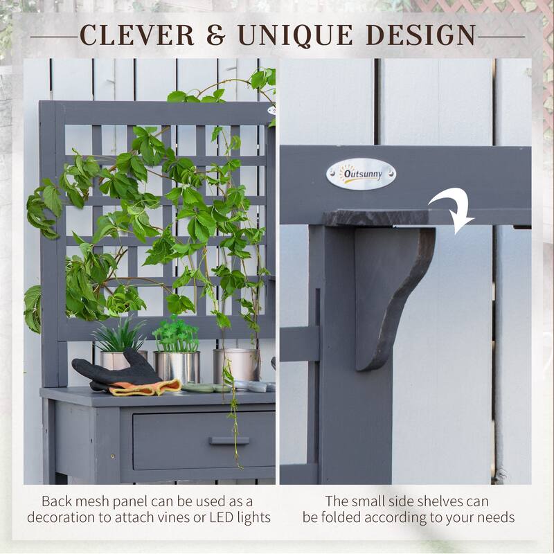 Outsunny Potting Bench Table, Garden Work Bench, Wooden Workstation with Tiers of Shelves and Drawer for Patio, Courtyards